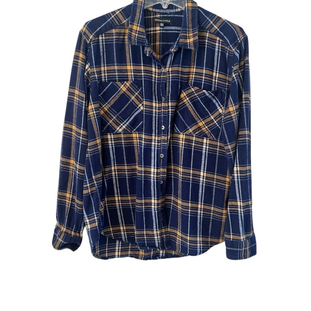Kendall & Kylie Flannel Button Down Shirt Blue and Yellow Plaid Size M/L